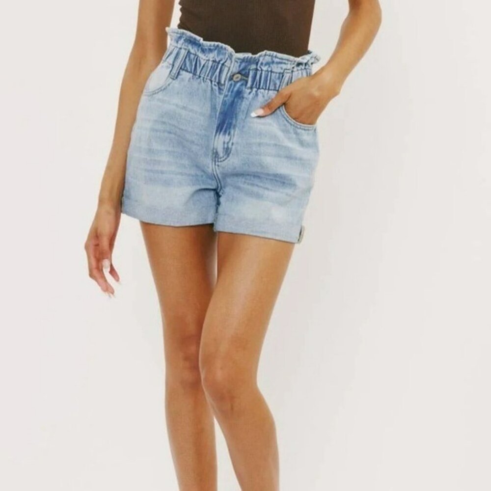 The KanCan Eliana Ultra High Rise Belted Paper Bag Jean Shorts Size 28